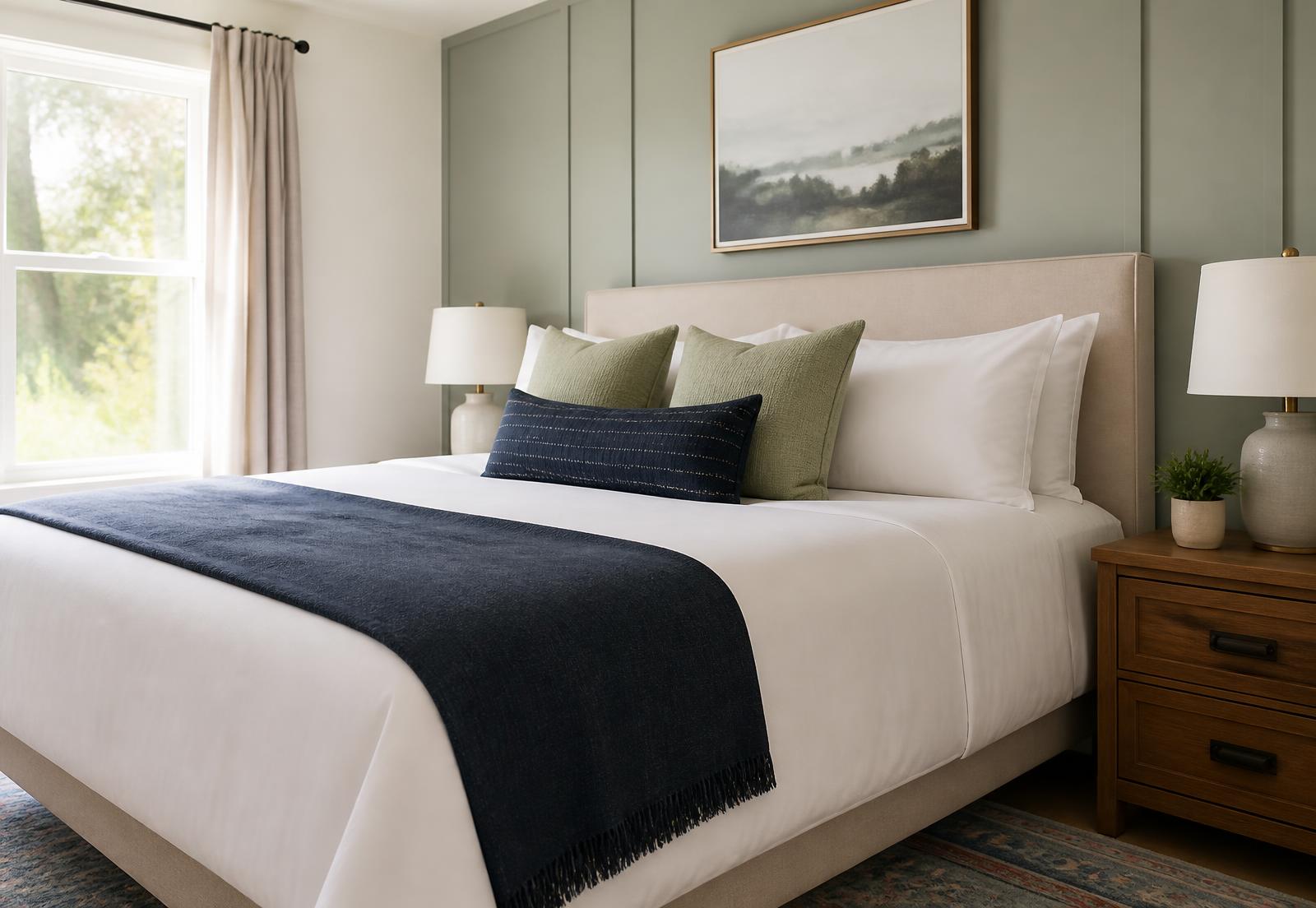 Short-term rental bedroom prepared with fresh linens between guest stays