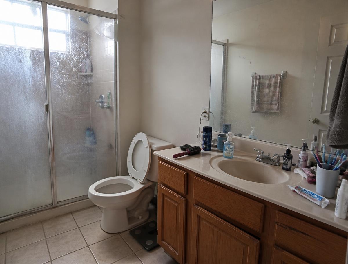 Home bathroom with a cluttered vanity before cleaning