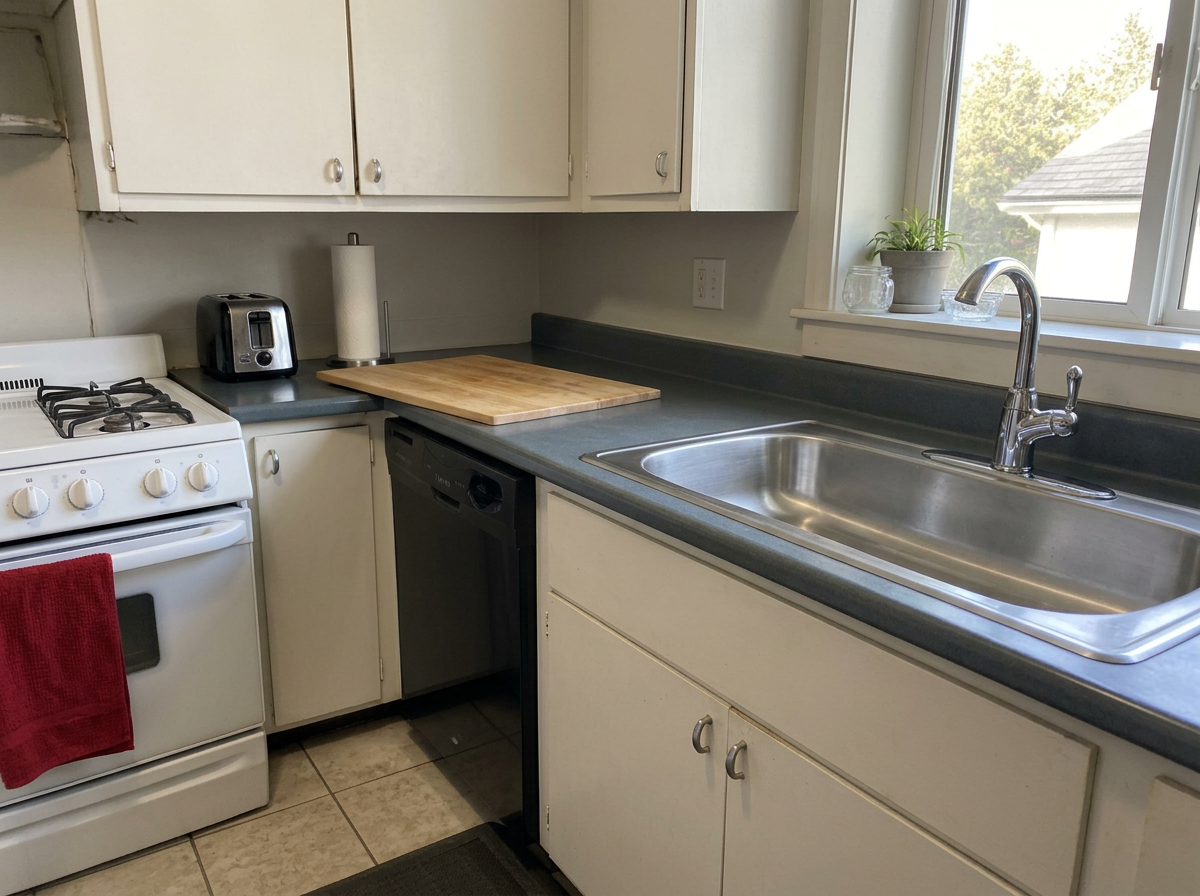 The same kitchen with clear, spotless counters after cleaning