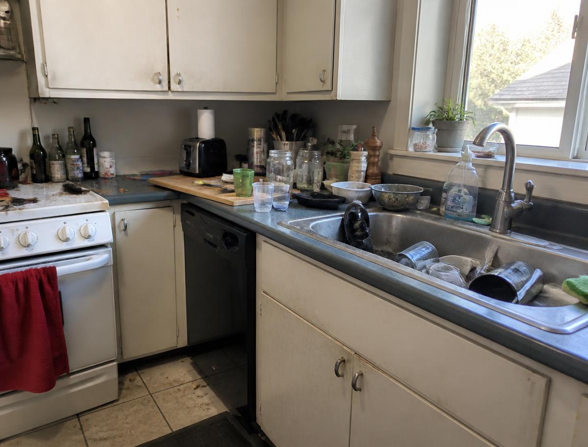 Home kitchen with cluttered counters before cleaning