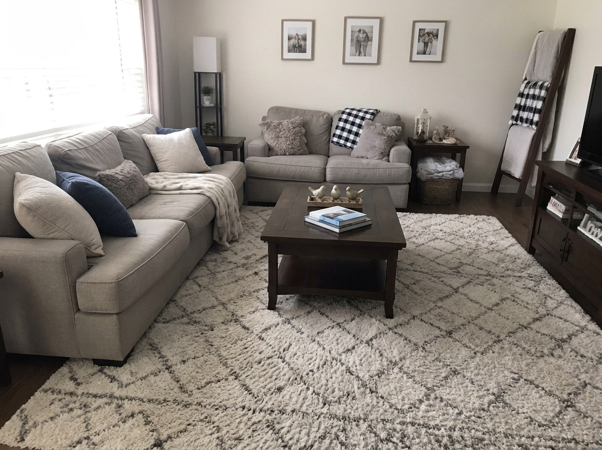 The same living room tidied and vacuumed after cleaning